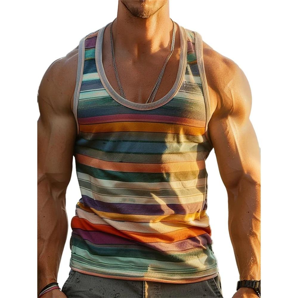 Mens Retro Stripe Graphic Vest Fashion Summer Sleeveless Casual 3D Printed Vest Loose Soft Comfortable Breathable Vest