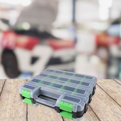 MERIGLARE 34-Compartment Tool Organizer Box, Double-Sided, Transparent Grid Design, Storage Box for Small Items, Belt Parts, Nails, Earrings, Beads, M