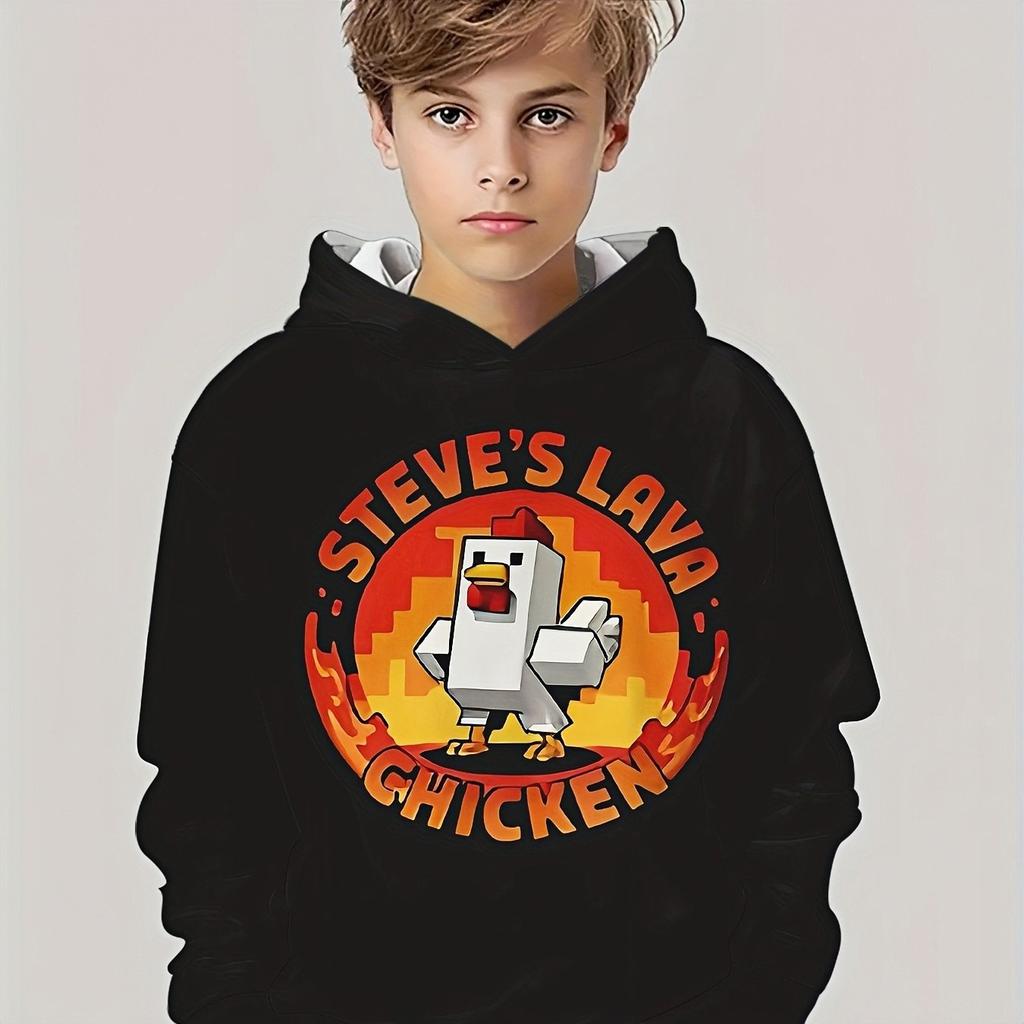 Boys' Casual Hooded Sweatshirt - Steve's Lava Chicken 3D Digital Printed Black Long Sleeved Pullover
