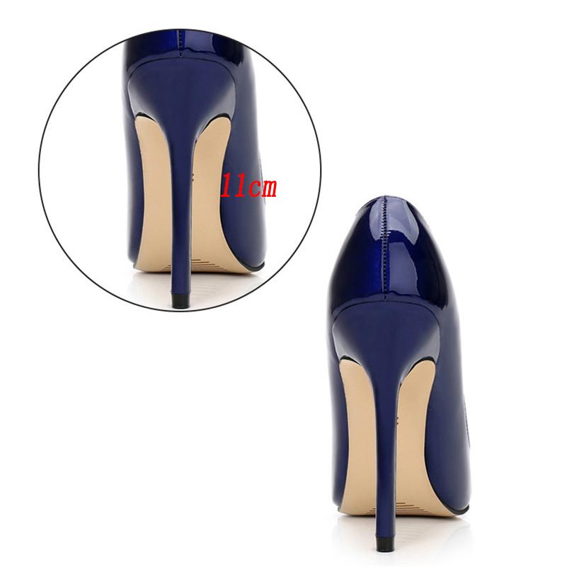 Women 11cm High Heels Scarpin Pumps Lady Pointed Toe Leather Stiletto Heels Female Plus Size Glossy Nude Blue Fashion Shoes