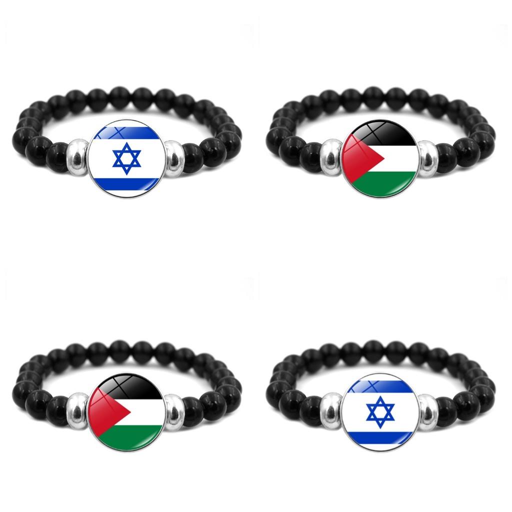 Israel Palestine Flag Gemstone Bracelet Unisex Black Beaded Jewelry Wholesale