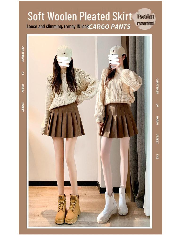 Maillard Kaffee Wolle Falten A-Linien Rock - 2026 Herbst/Winter High-Waist Khaki Kurzer Rock