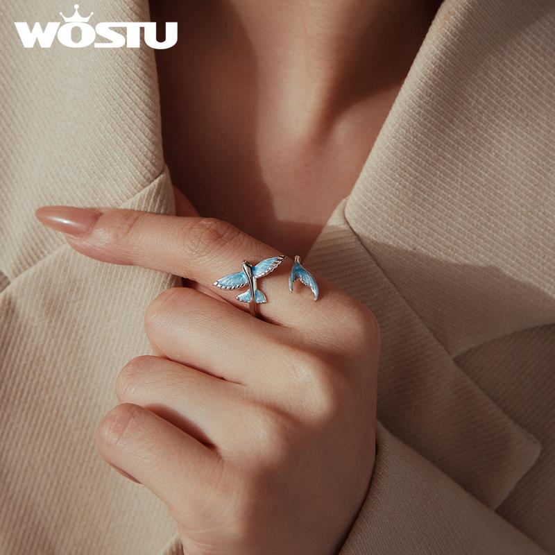 WOSTU 925 Sterling Silver Flying Fish Adjustable Open Ring Ocean Blue Enamel Mermaid Tail Adjustable Rings Vacation Jewelry