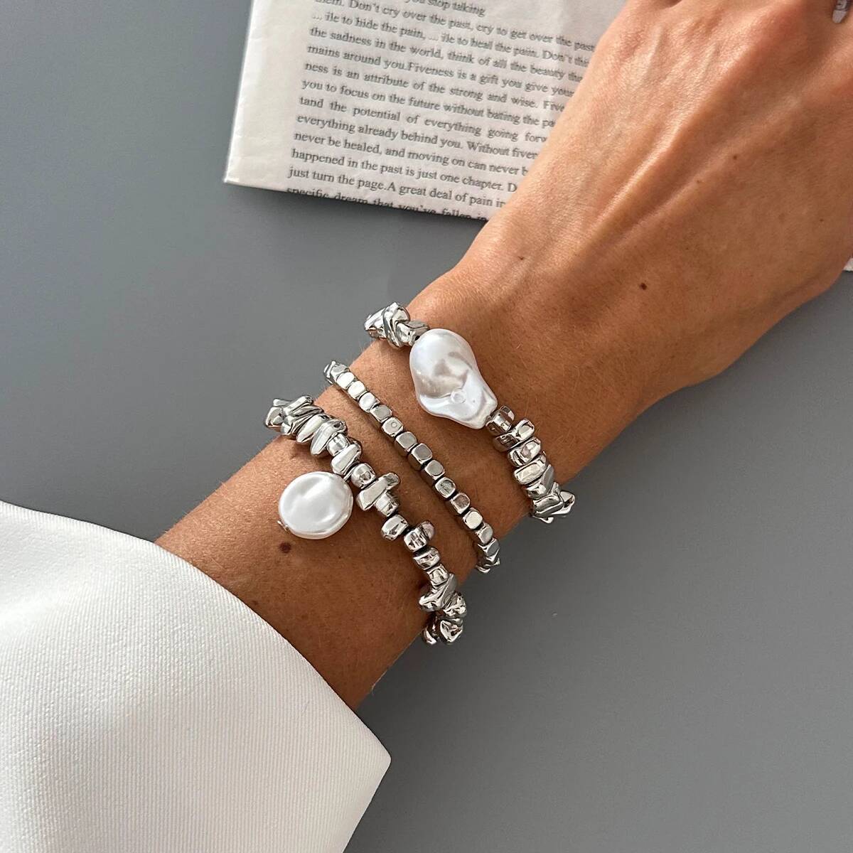 

Ingemark 3Pcs/Set Elegant Baroque Imitation Pearl Bracelet Women 2026 New Trend Acrylic Beaded Bracelet Stackable Hand Jewelry
