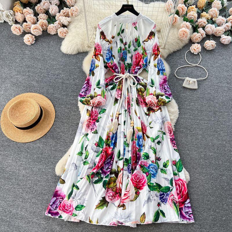Palace Style Round Neck Print Lantern Sleeve Loose Dress