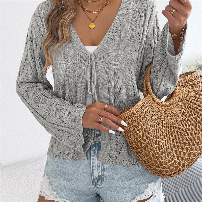 2026 Spring/Summer Women's Knitted Hollow Lace Open Shirt S-XL
