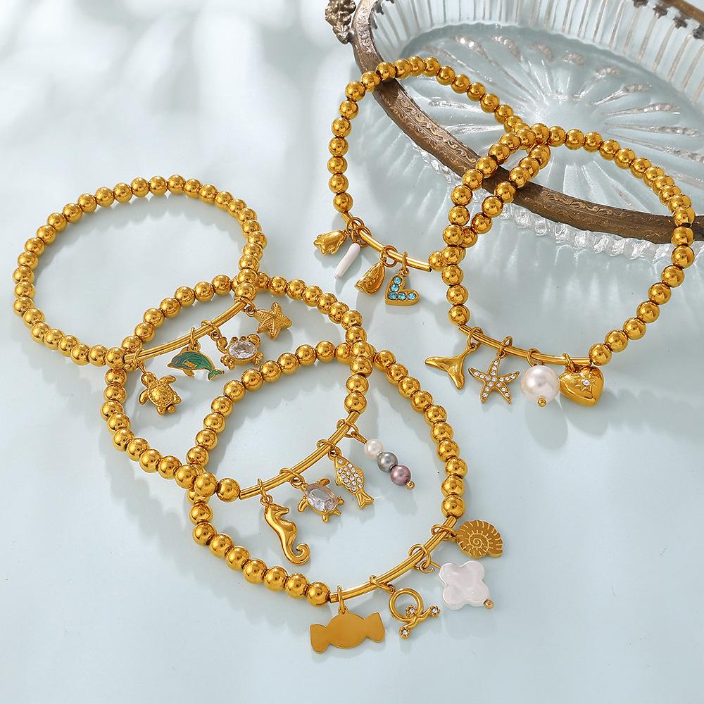 Summer Beach Ocean Wind Starfish Shell DIY Pendant Round Bead Bracelet Gold-plated Stackable Jewelry