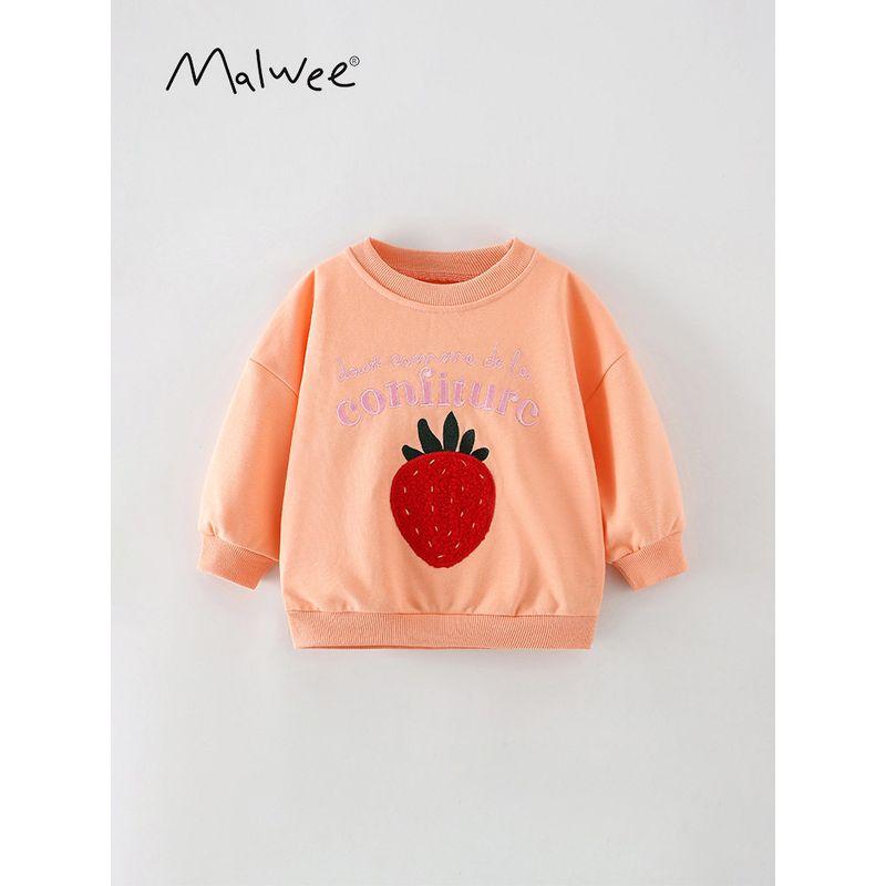 For Spring and Autumn with Sweet Strawberry Embroidery and Lettering, Pullover Top for Little Girls, Pure Cotton Long-Sleeve Base Shirt, Trendy