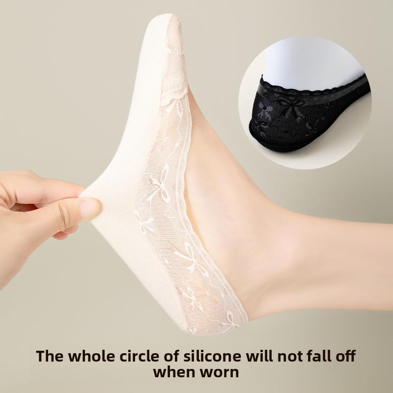 5 Pairs of Women's Spring/summer Lace Invisible Non Slip Pure Cotton Sweatwicking Boat Socks