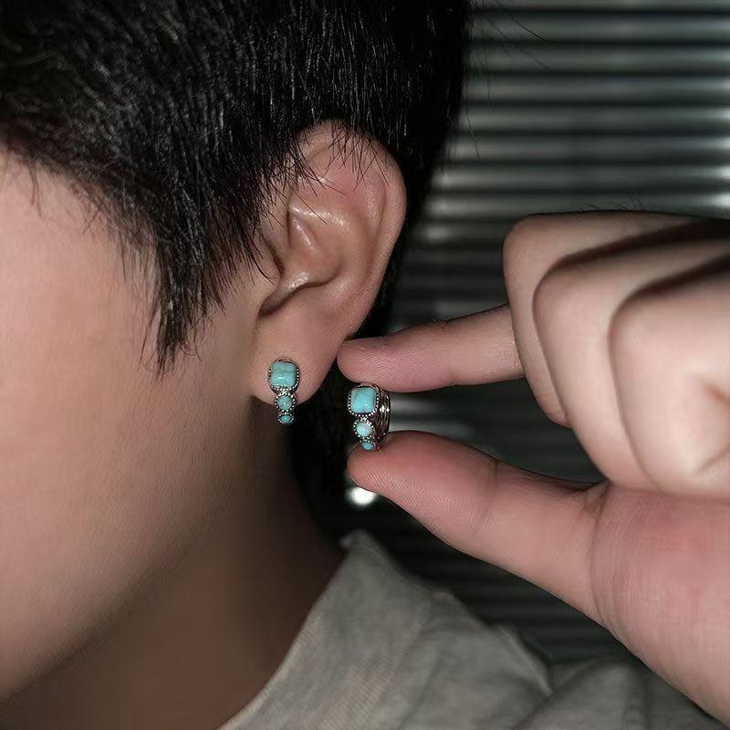 Handmade Fashion Vintage Tibetan Style Unisex Blue Square Buckle Earrings