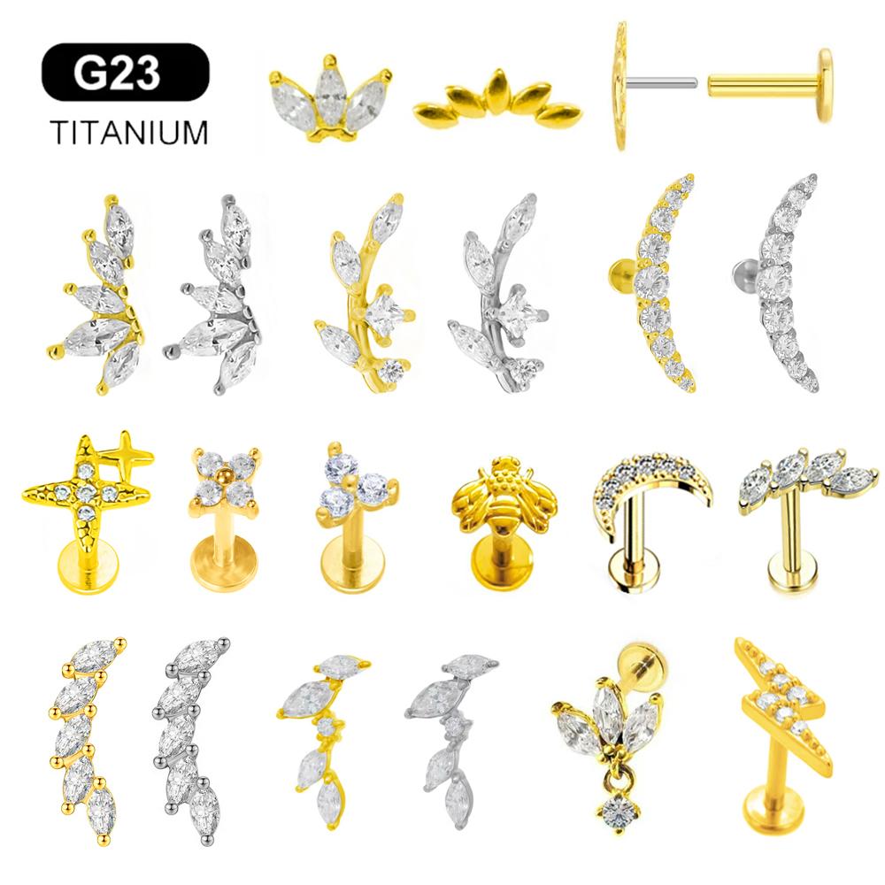 ASTM F136 G23 Titanium Leaf Branch Push In Threadless Labret Piercing 16/18/20G Earring Stud Cartilage Body Jewelry