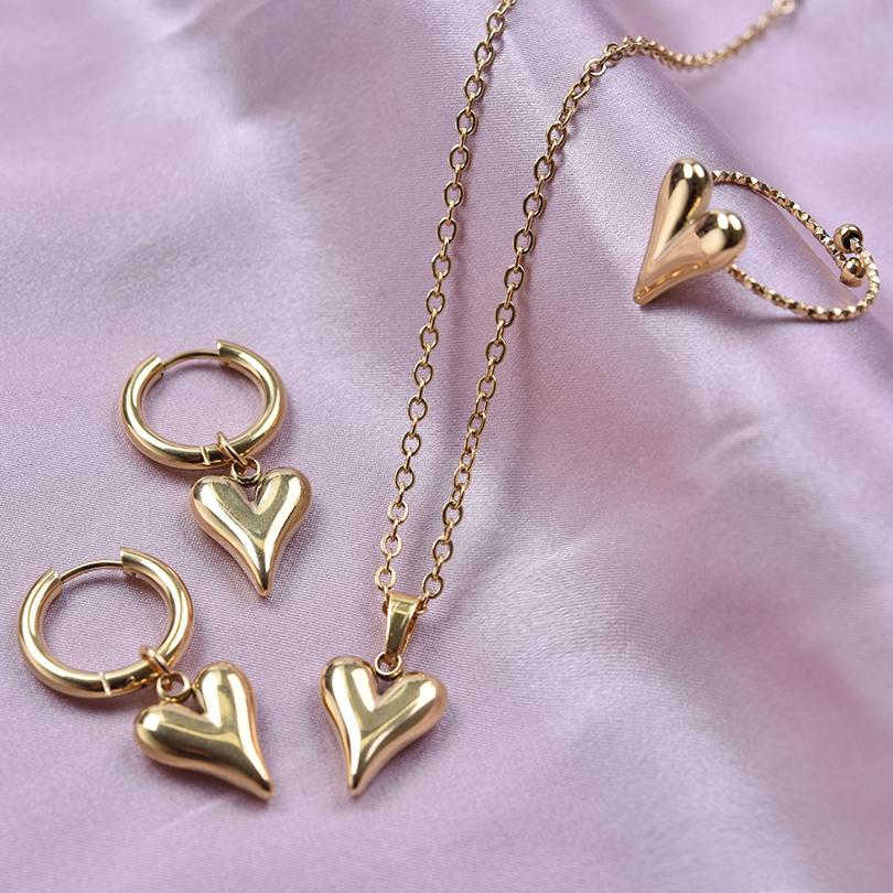 100% Stainless Steel Heart Jewelry Set For Women Accessories Cute Girl Supplies Love Earrings/Rings/Necklace Fashion Party Gift
