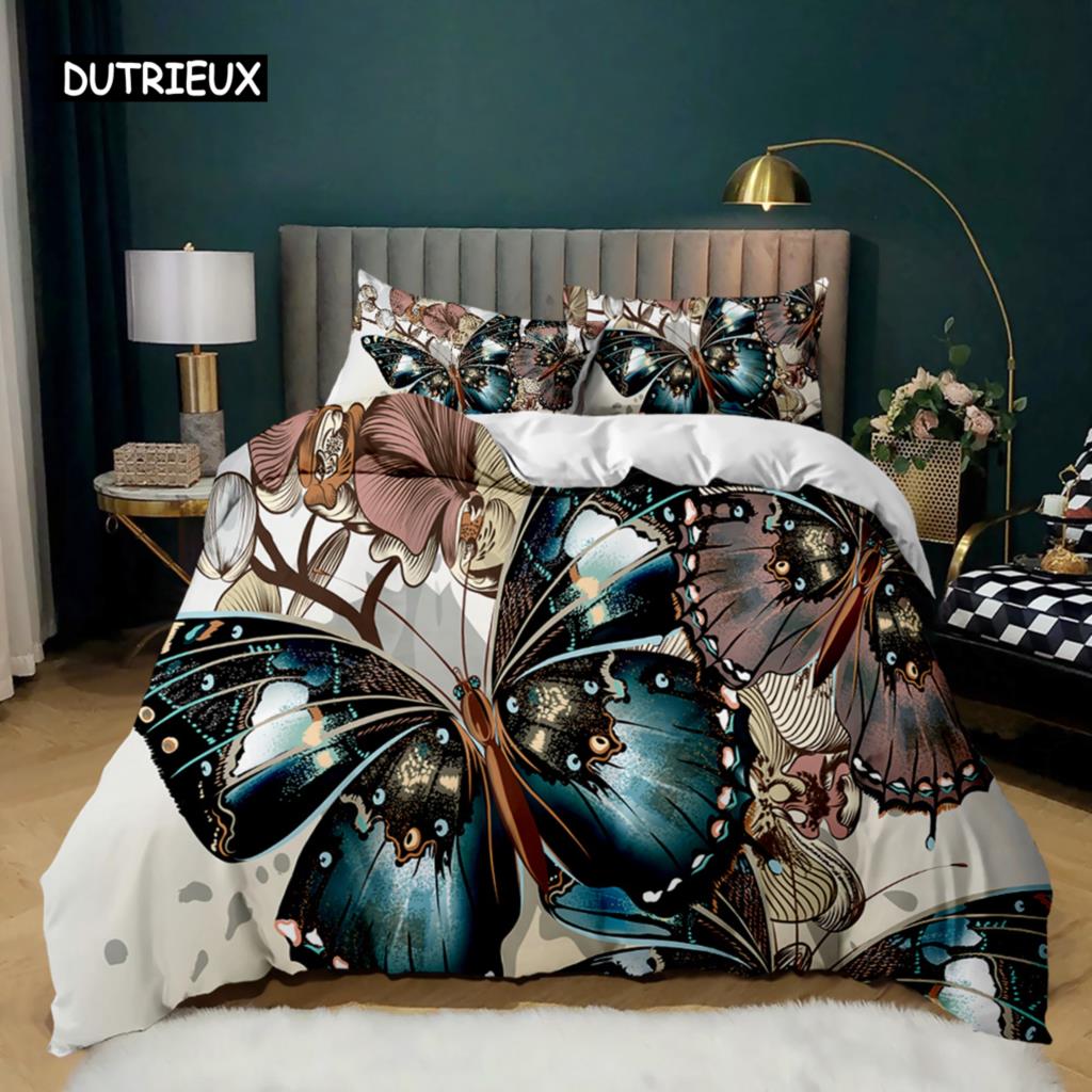Butterfly Duvet Cover Set Butterfly Plum Branch Pattern Bedding Set Soft Bedclothes Twin Queen King Size Polyester Qulit Cover