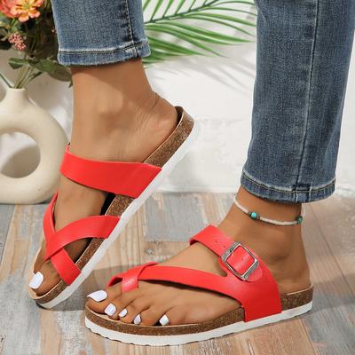 Fashion Solid Buckle Decor Women's Clip Toe Low Platform Flip Flops Cross Hollow Woman Flat Slippers Casual Comfort Beach Slides