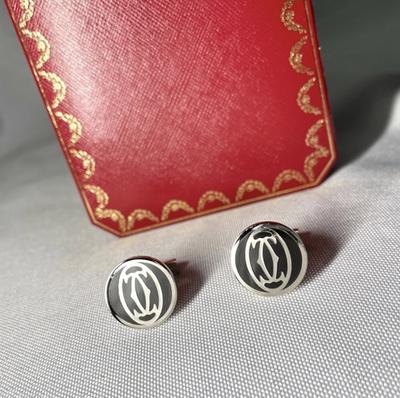 Cartier Double C Logo Pattern Cufflinks Silver 925 Black Vintage Button Style