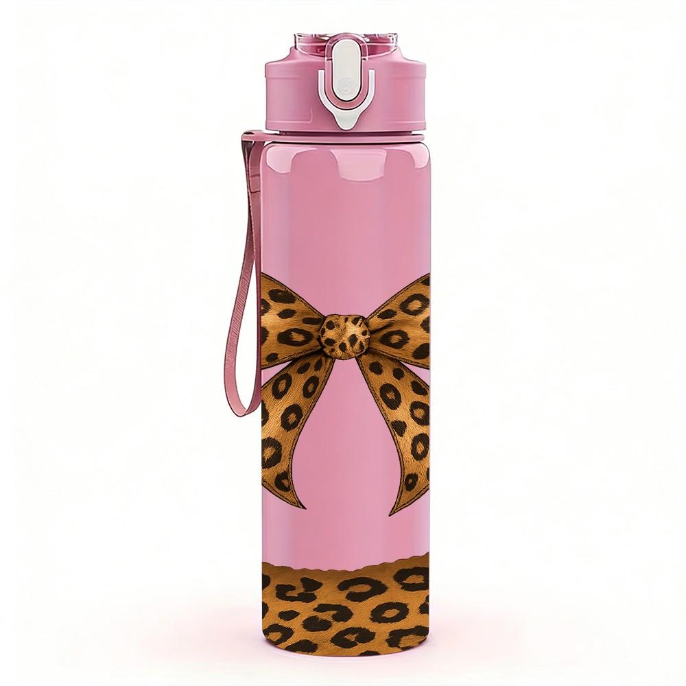 1PC Leopard Print Bow Knot Motif 750ml Color Plastic Sports Water Bottle Leakproof Flip Straw Lid For Sports Office Home Use