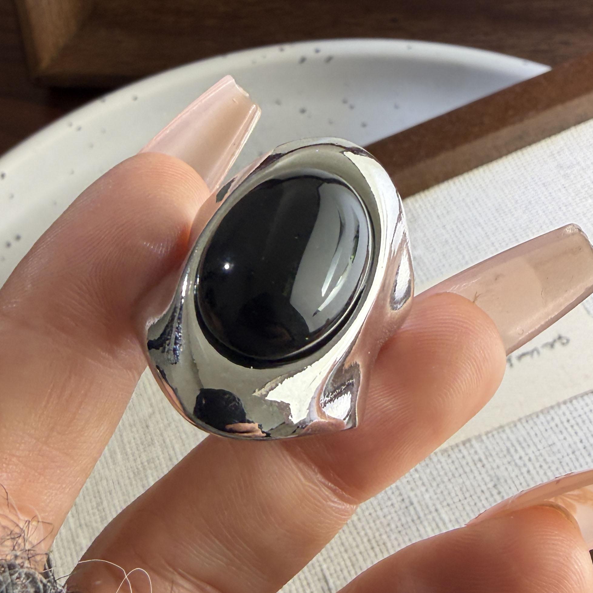 Bf Club Ringe für Damen Einfach Geometrisch Handgemacht Unregelmäßig Retro Großer Schwarzer Stein Ring Allergie Für Geburtstagsgeschenk resizable black