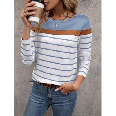 Women's T-shirts 3D Stripe Color Block Print Fashion Long Sleeve Round Neck Regular Top Holiday Weekend Spring and Autumn