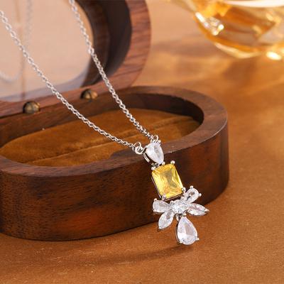 Exquis Collier Rectangulaire Pierre Précieuse Jaune-Rose Nœud Goutte d'Eau Féminin Accessoire Robe de Mariée Pendentif Fête Cadeau d'Anniversaire