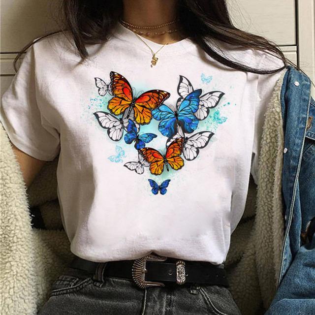 Women Tshirt Watercolor Butterfly Print Tshirt Summer Female Tops Casual Short Sleeve T-Shirts Harajuku Graphic Tee Cute T-Shirt