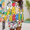 Women Plus Size Round Neck Long Sleeve Cartoon Printed White Yellow Sweatshirt Dress