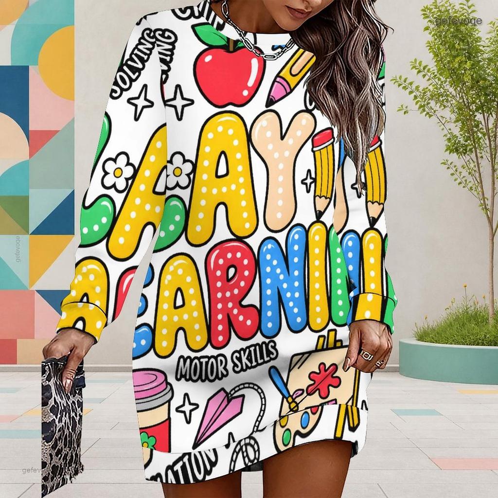 Women Plus Size Round Neck Long Sleeve Cartoon Printed White Yellow Sweatshirt Dress
