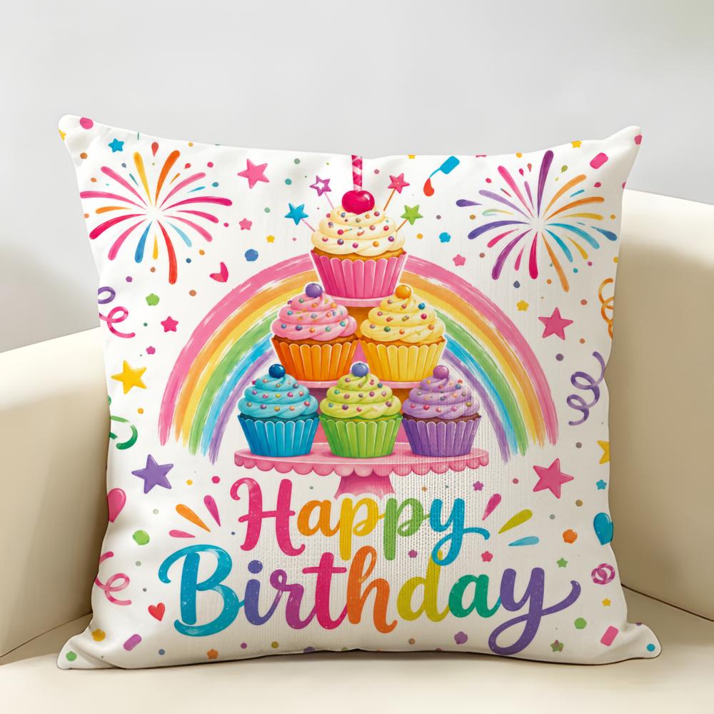Cupcakes HAPPY BIRTHDAY Cushion Cover Durable Hypoallergenic Organic Linen Pillow Cover Short Size Washable SkinFriendly