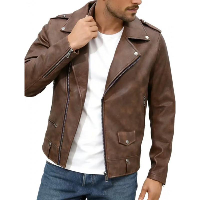 Mens PU Leather Biker Jacket Slim Fit Vintage Style Collar Zipper Casual Outerwear