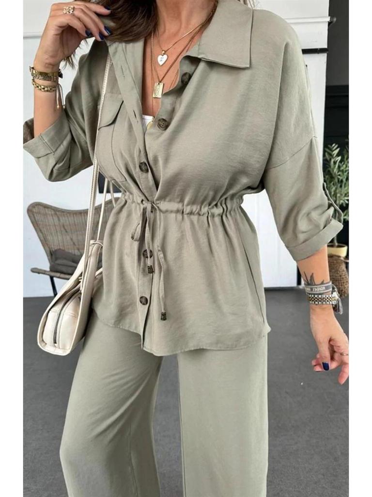 2025 Women's Autumn Casual Set: Solid Color Drawstring Top & Wide-Leg Pants