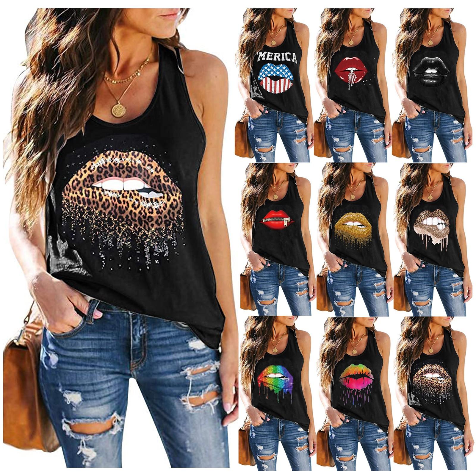

Женская летняя повседневная футболка без рукавов с принтом губ больших размеров, топ-майка