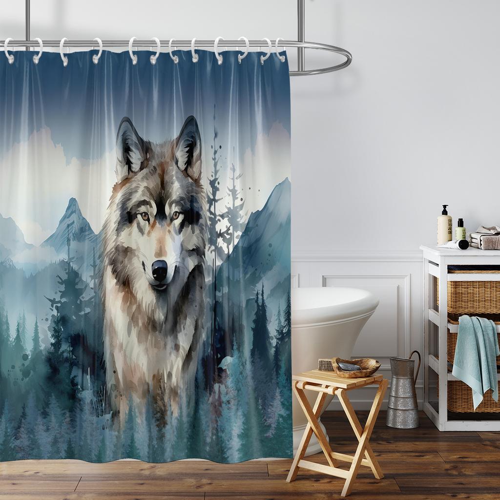 1 Stück Aquarell-Wolfsmuster bedruckter Duschvorhang, wasserdicht und waschbar, mit 12 Haken, Badezimmerdusche, Badewanne, Heimgebrauch
