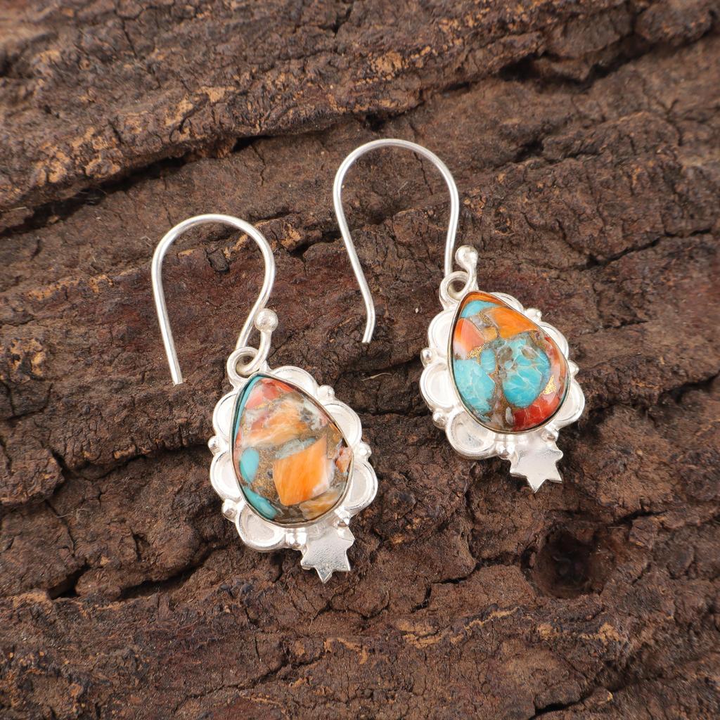 Boucles d'oreilles en pierres gemmes faites à la main en huître épineuse, Boucles d'oreilles en argent sterling massif 925, Bijoux de créateur, Pour cadeau d'anniversaire