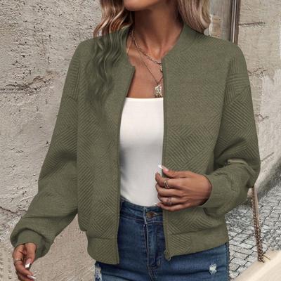 Herbst Winter Damen Jacke Reißverschluss Verdickte Einfarbige Applikation Elastische Manschette Saum Strickjacke Stehkragen Locker Lange Ärmel Outwear Mantel