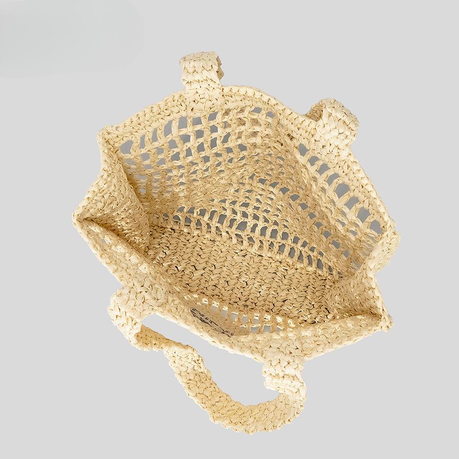 Pure Handmade Woven Handbag Women's Rustic Style Hollow Embroidery Letters Straw Bag Large Capacity Shoulder Bag