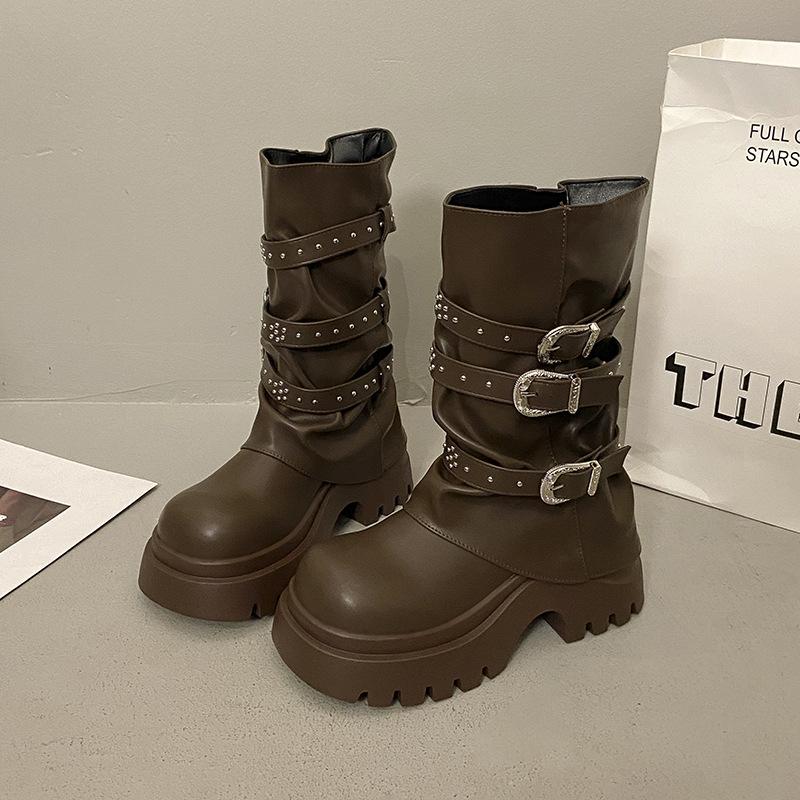 

Коричневые ботинки на платформе с толстым каблуком в британском стиле, ботинки Мартин женские 2025 новая осень, ботильоны, увеличивающие рост 39 коричневый