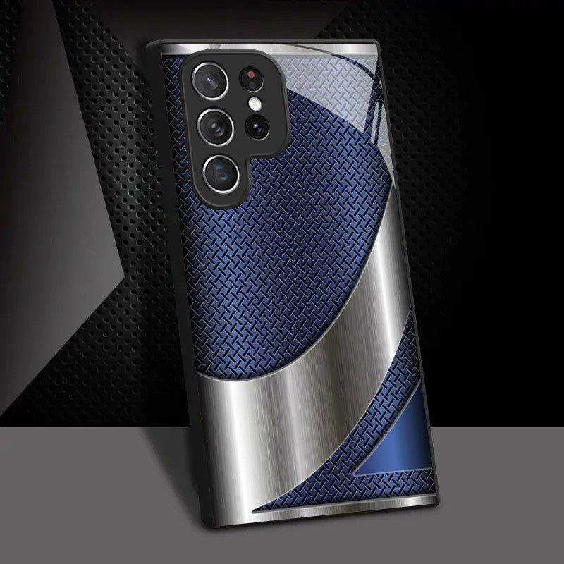Blue Patterned Metal Pattern Tempered Glass Phone Case Suitable for Samsung GalaxyS26 S25 S24 S22 S21 S20FE/Ultra/Plus Anti Drop