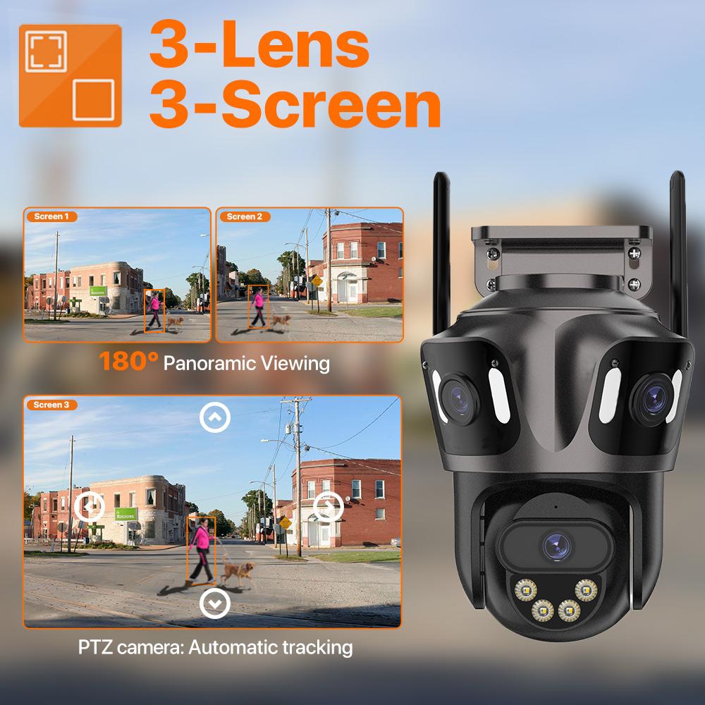 Caméra IP WIFI Trois Écrans Extérieure 4K Double Objectif PTZ Détection Humaine IA Étanche IP66 Caméra de Sécurité Vidéo CCTV iCsee