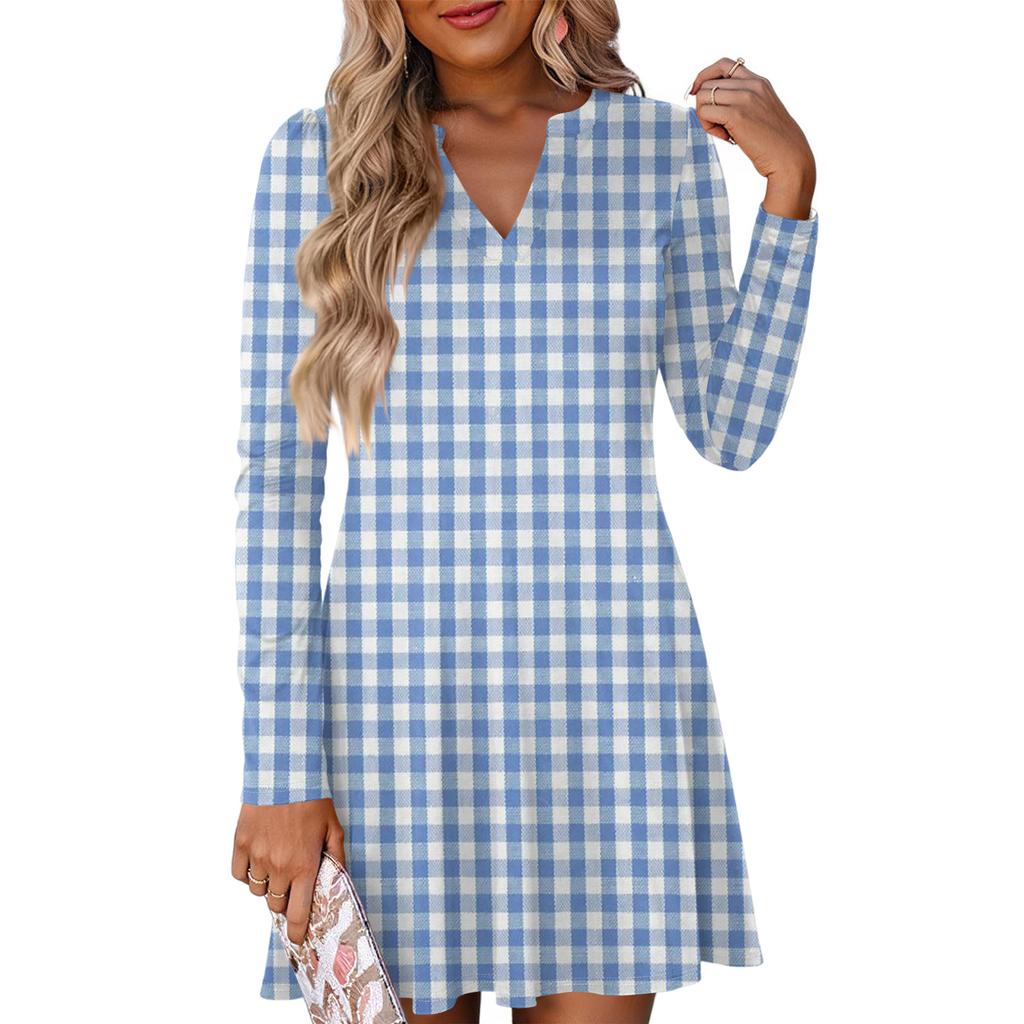 Women's Fashion Plaid V-Neck Long Sleeve Dress