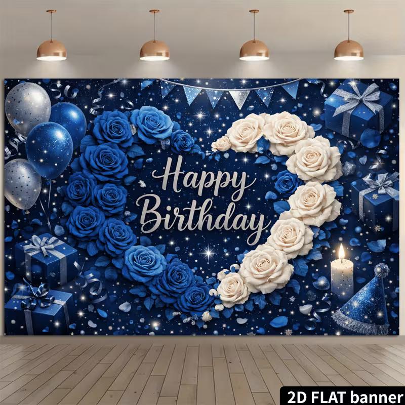 

2D Starry Blue Rose Happy Birthday Backdrop Banner Party Decoration for Boys & Men 47.2x31.5inch/120*80cm