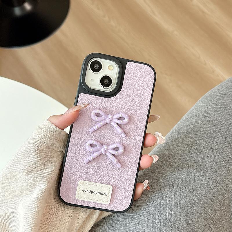 Apple 16 Leather Solid Color Mobile Phone Case Simple Application Iphone15Promax Bow 17 Women'S Internet Celebrity 14
