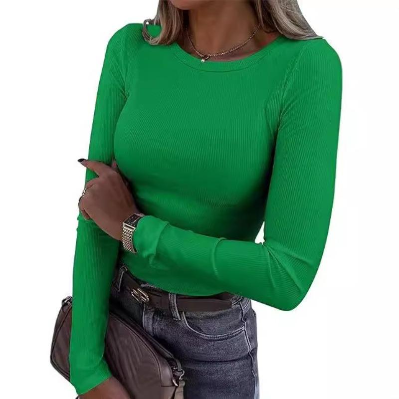 New women's long-sleeve stretch round-neck ribbed shirt, slim-fit casual basic top