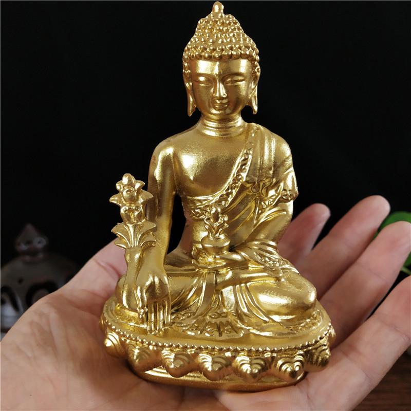 Gyllene Medicin Buddha Staty Med Halsbandsprydnad Harts Feng Shui Lycklig Buddha Skulptur Hem Kontor Trädgårdsdekoration Gåvor