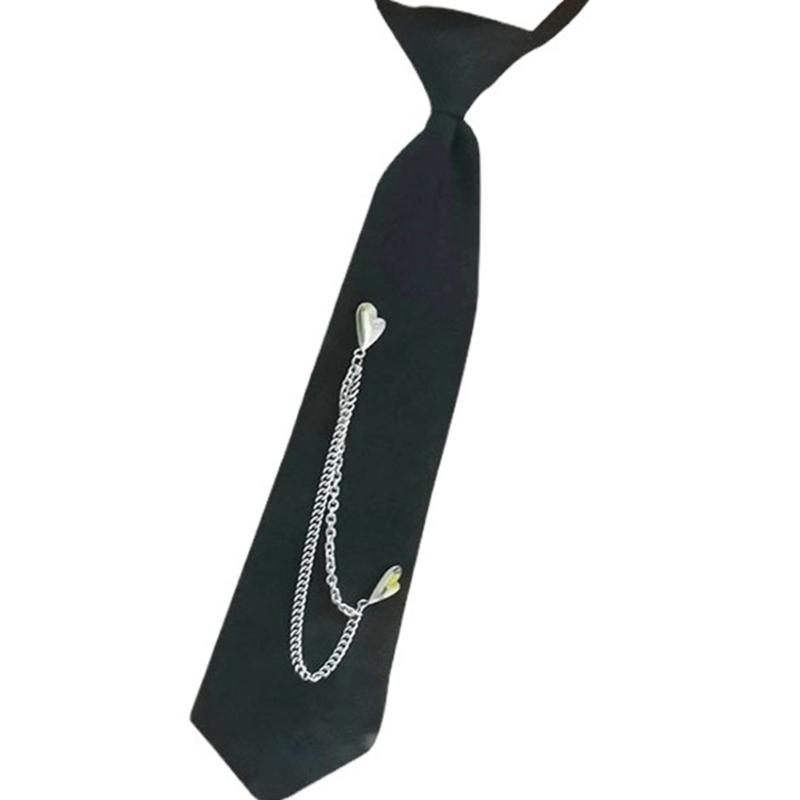 Japanese Punk Necktie Double Heart Chain Neck Tie Student Uniform Adjustable Pre Tied Neck Tie Shirt Collar Neckwear