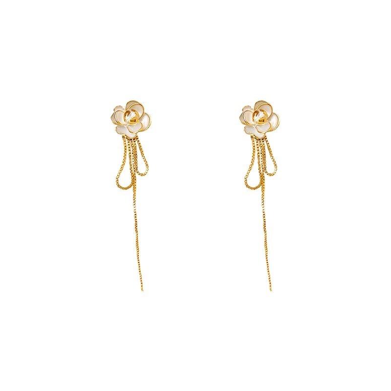 Elegant And Stylish Alloy Camellia Tassel Earrings Long And Slim Ear Thread Women's Fashion Accessories