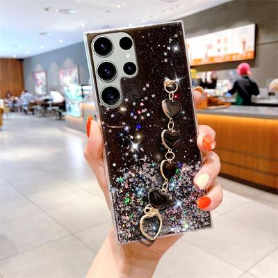 S 21 22 Love Heart Wrist Chain Glitter Case For Samsung Galaxy S21 S20 S23 Fe S22 S24 Ultra Plus Bracelet Silicone Cover Note 20