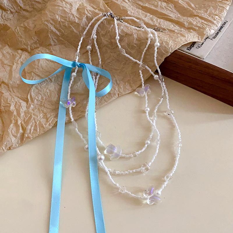 Bow Crystal Flower Pearl Rice Bead Necklace Accessories High-end Fashion Clavicle Chain Simple Necklace Women