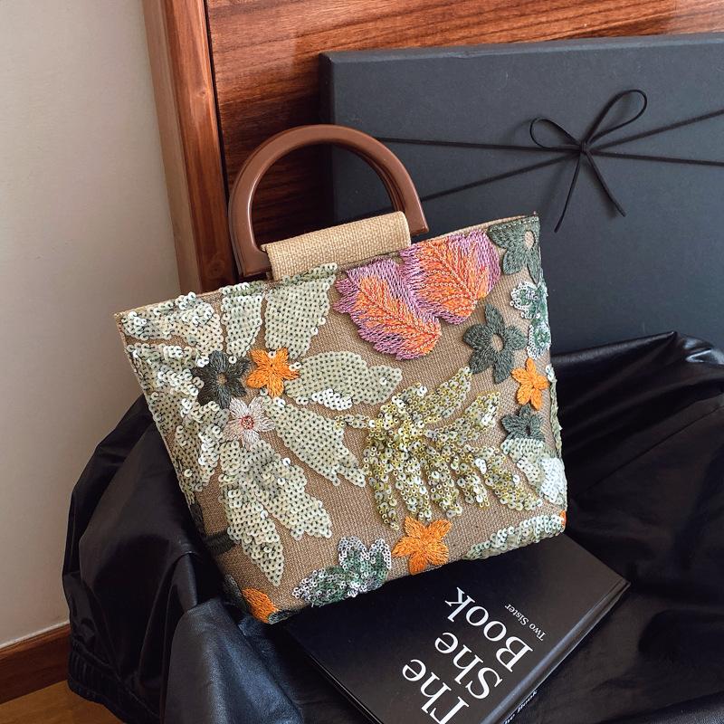 Summer New Arrival Bamboo Handle Elegant Colorful PVC Sequins Linen Embroidery Handheld Tote Bag for Women - Versatile