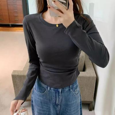 Retro Front Shoulder Long-sleeved Shirt Women's Spring New Waist Pleated Bottoming Shirt Versatile Simple Top