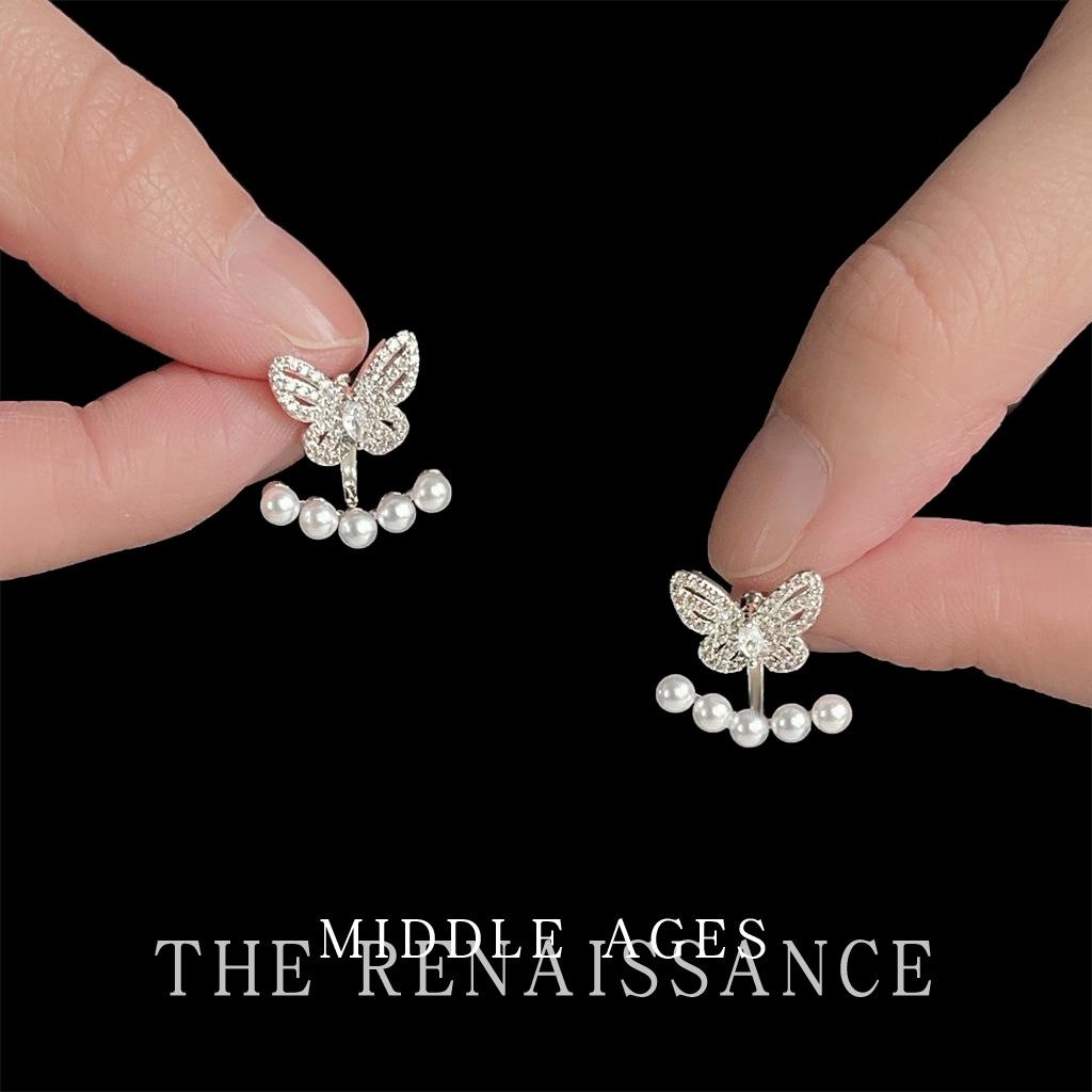 A two-wear~ wind full zircon butterfly pearl earrings earrings for women