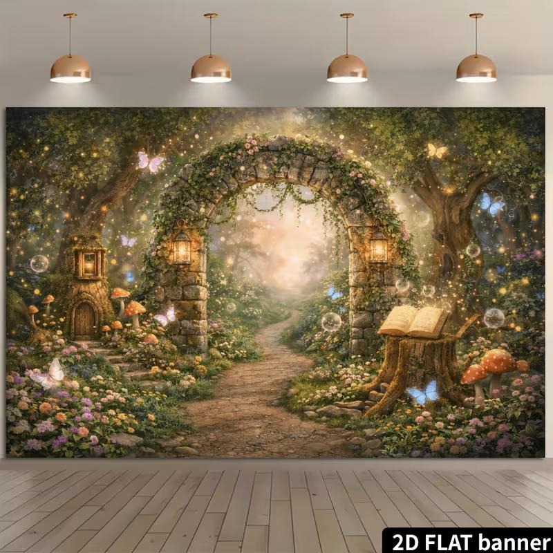 2D Whimsical Butterfly Forest Backdrop Photography Background